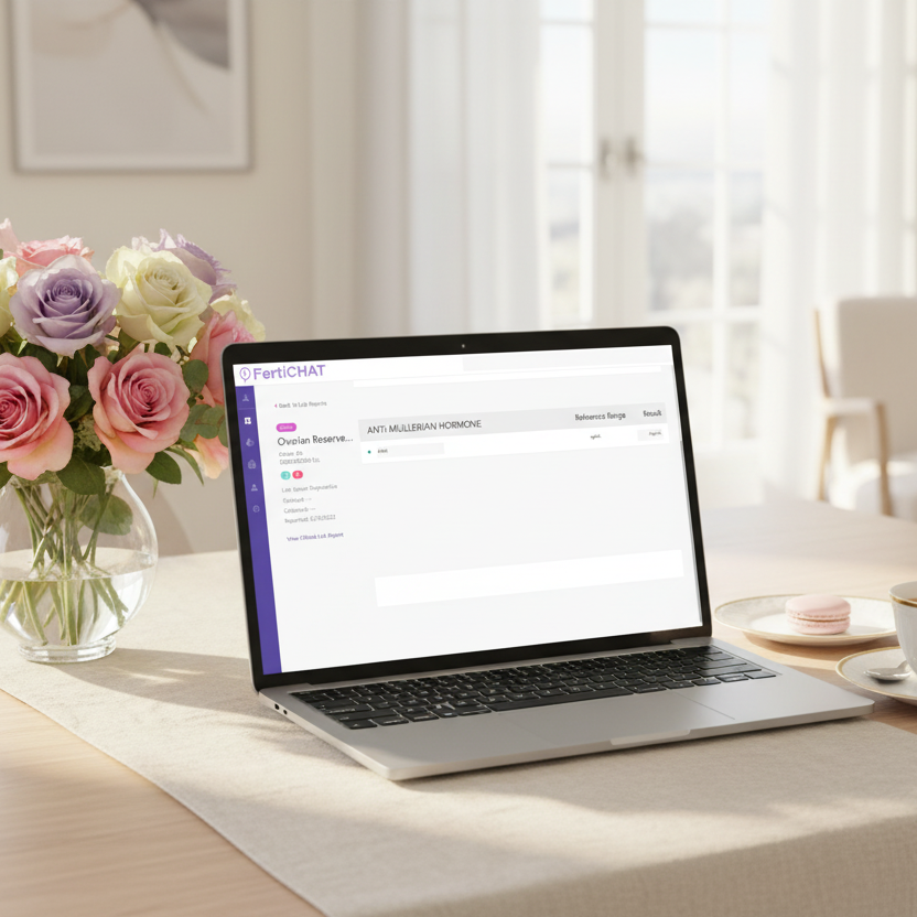 Ovarian Reserve Lab Results on Laptop - Feminine Dining Table